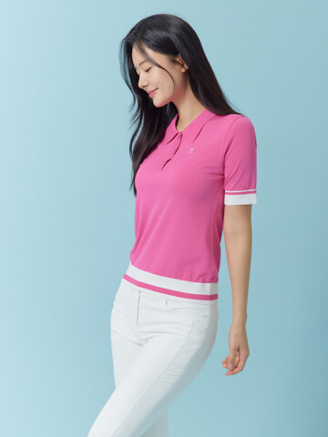 소매 밑단 배색 카라 반팔 니트