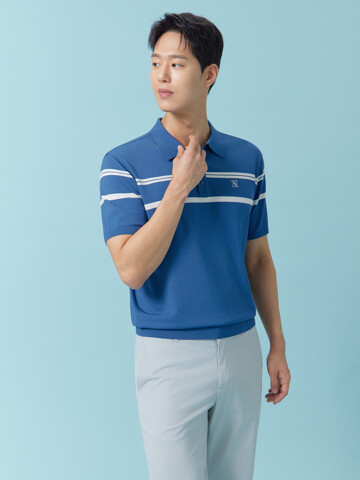 스트라이프 포인트 카라 반팔 니트